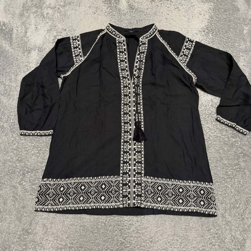 MADEWELL Shirt Womens XS Black Embroidered Camelia Collarless Tunic Top E7463